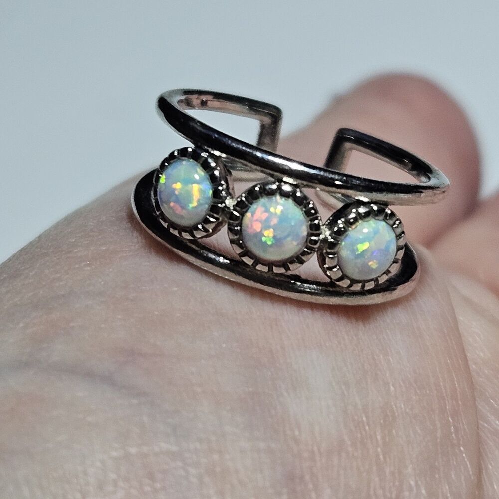 Silver Tone Three Round Faux Opal Fashion Ring Adjustable